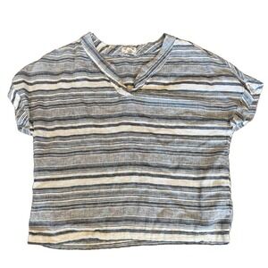 100% Linen Beach Top M Blue and White Striped  V-neck Cropped Peasant Artisan NY